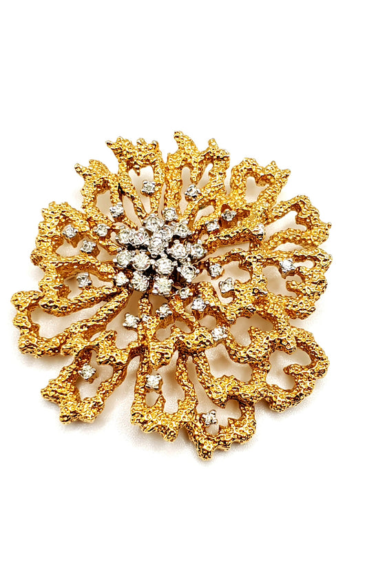 Vintage PANETTA Large Flower Shaped Brooch Pin, Gold Tone, Rhinestone