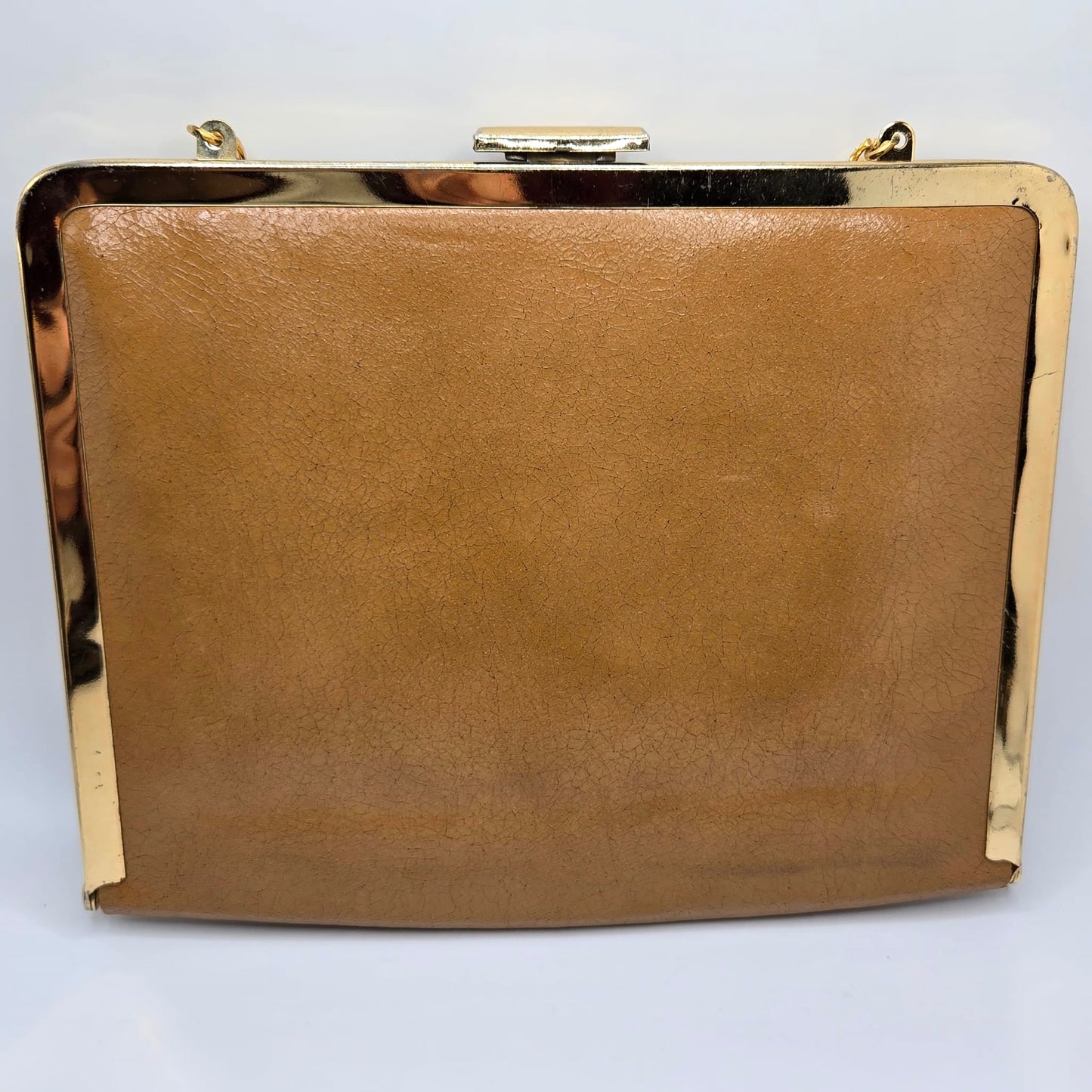 Vintage camel brown clutch bag with fly brooch pin, red eyes rhinestone, gold tone chain