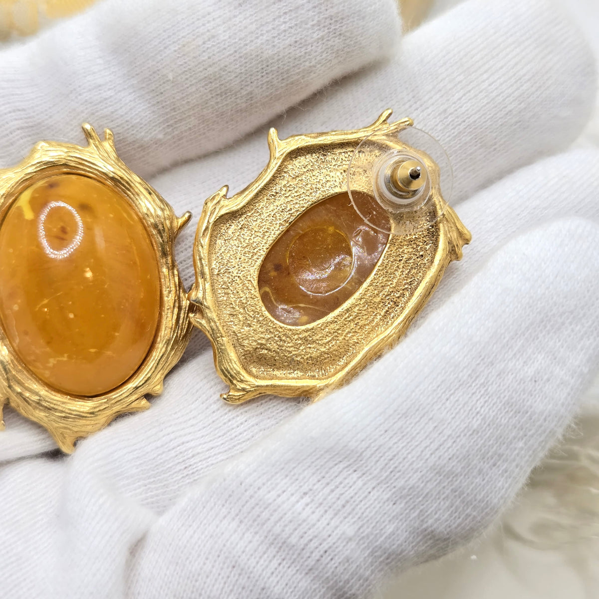 Vintage Designer Runway Amber Lucite Branch Frame Gold Tone Earrings