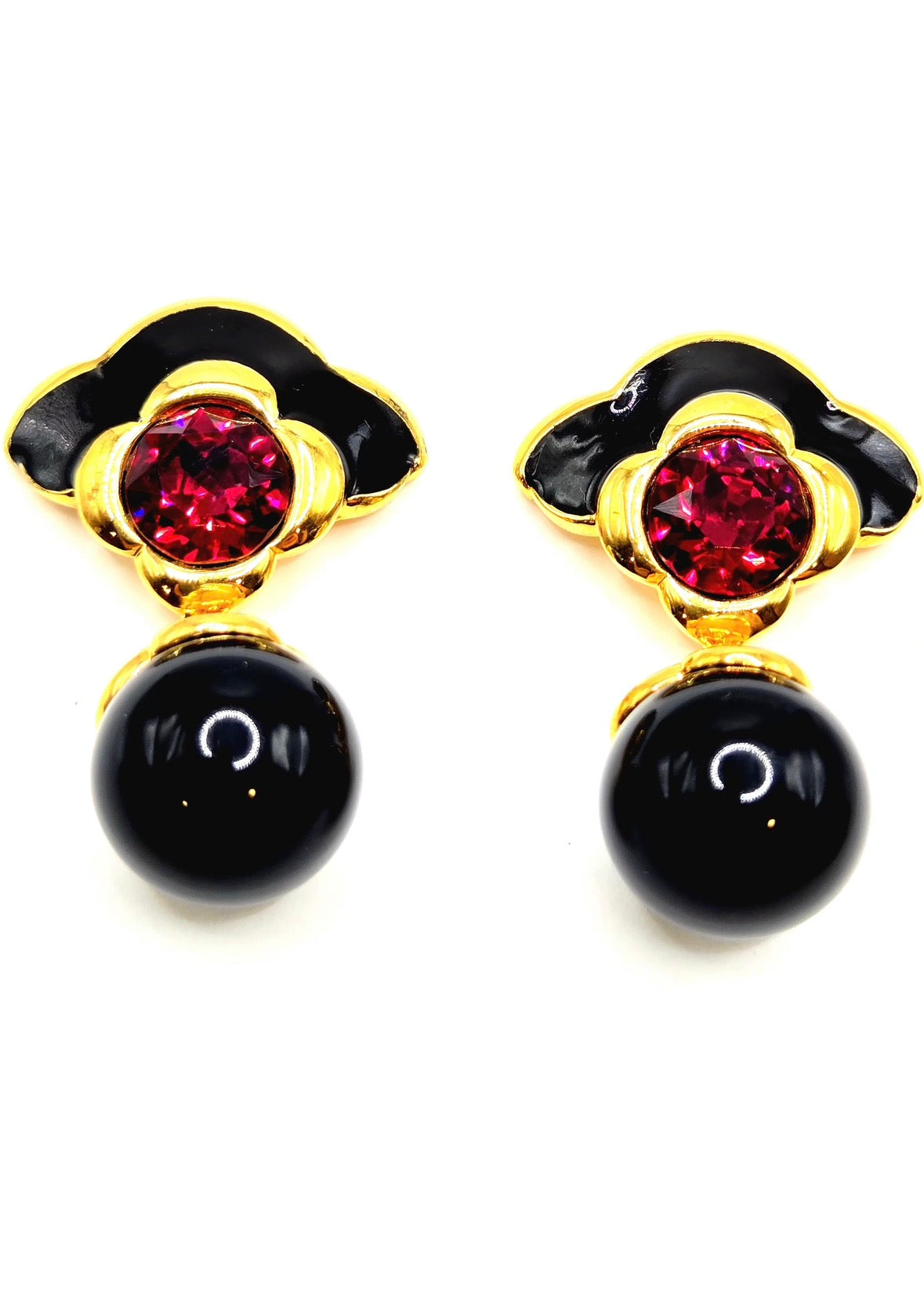 Vintage MONET red Rhinestone black enamel dangle earrings designer runway