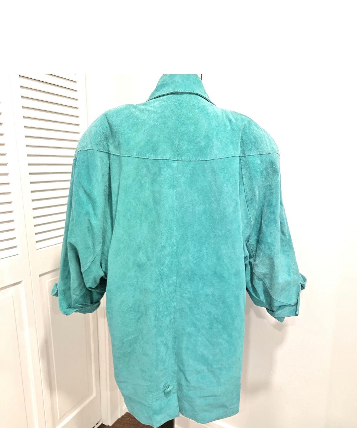 Vintage MADGE'S teal blue suede leather oversized coat jacket shoulder pads size L