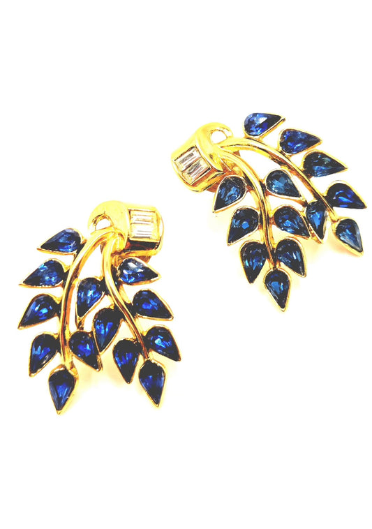Vintage TRIFARI Blue leaves Rhinestones Gold tone Pierced Earrings (made from Clip on Earrings)