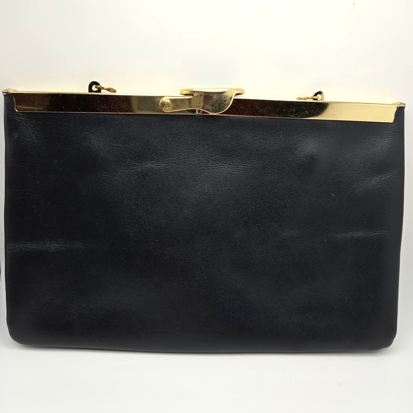 Vintage ETRA navy blue leather clutch bag with tulip bud Brooch pin and gold tone chain