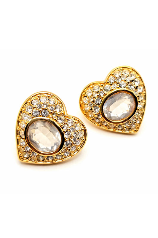 Vintage SWAROVSKI Swan Signed Heart Shaped Pave Crystal Gold Tone Pierced Earrings
