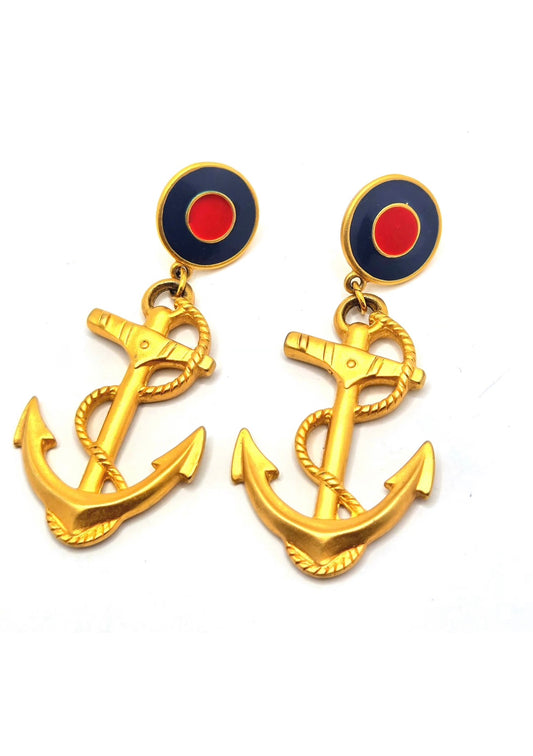 Vintage Designer Runway ANCHOR NAUTICAL Enameled Gold Tone Earrings