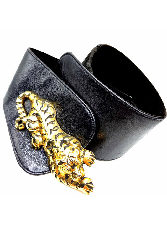 Vintage RAINA gold tone Tiger buckle black leather designer runway belt