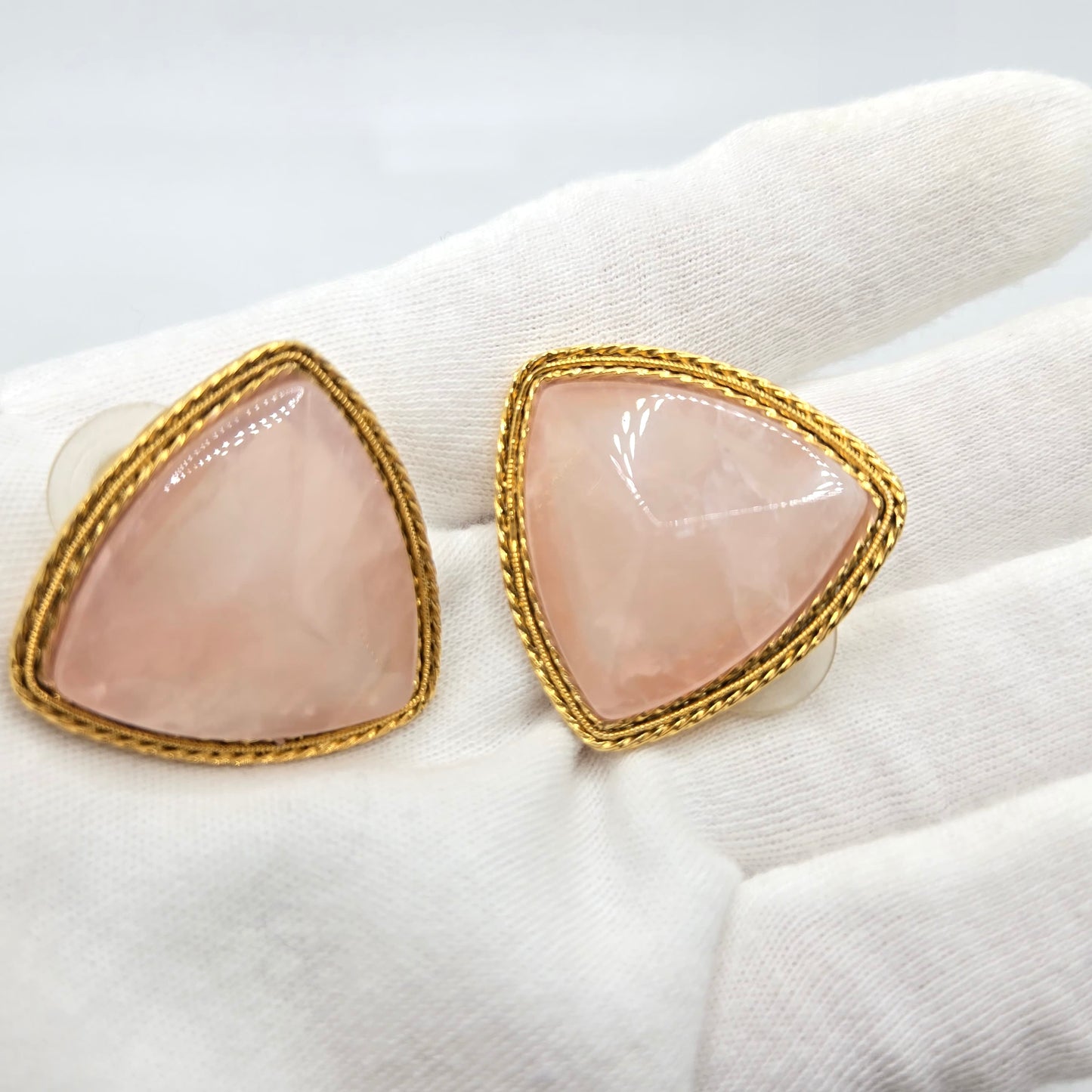 Vintage 1928 Pink Rose Quartz Gold-Tone Brooch Pin with Earrings Set