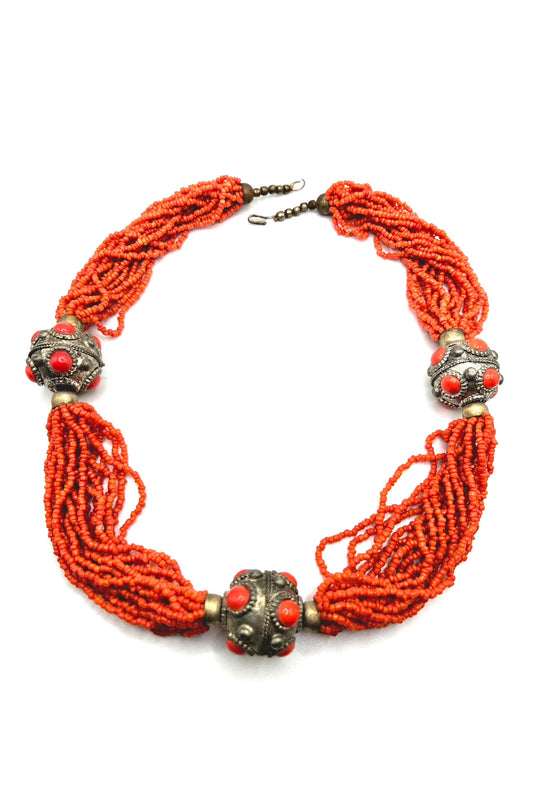 Vintage TIBETAN Multi strand Salmon Coral Glass seed beads silver tone necklace