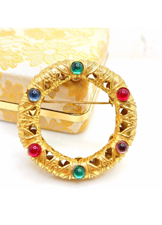 Vintage Designer Runway Round Multicolor Cabochon Openwork Gold Tone Brooch Pin