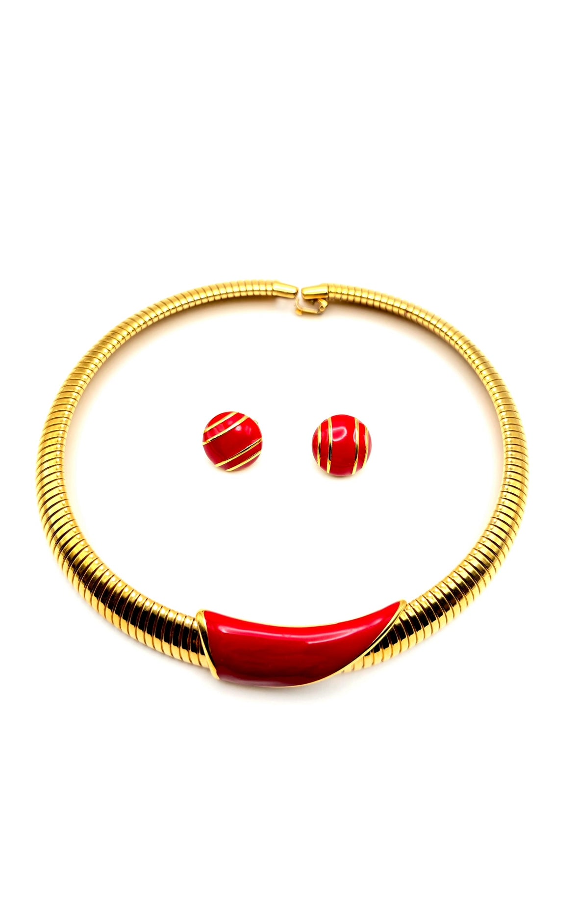 Vintage MONET Cleopatra Style Choker Red Enamel, Gold Tone Necklace and Clip on Earrings Set