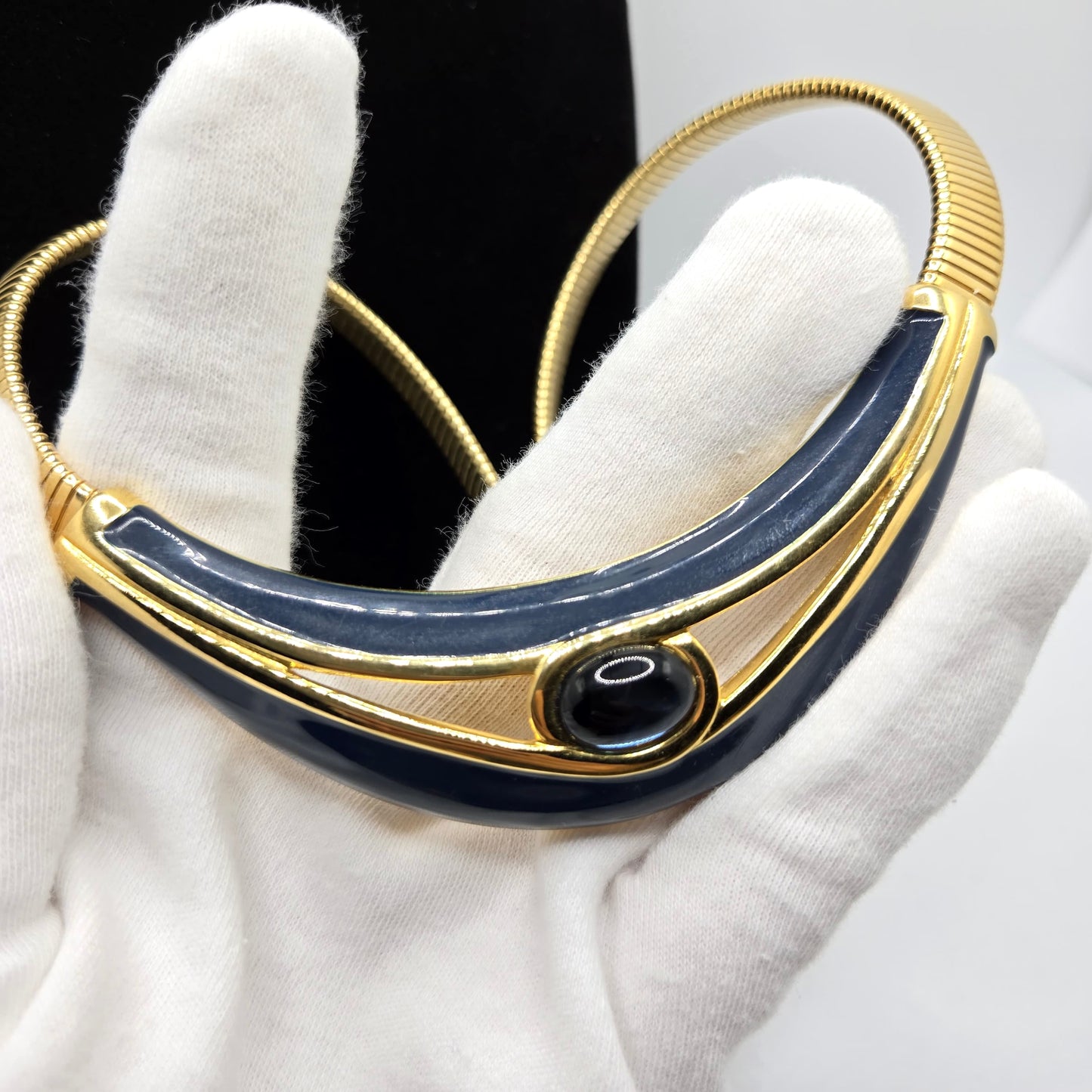 Vintage NAPIER Navy Blue Jelly Belly Cabochon Gold-Tone Enamel Choker Necklace Statement Jewelry