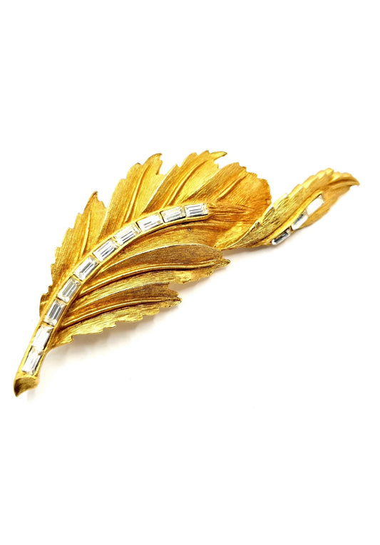 Vintage Designer Runway Large Statement Leaf Gold Tone Crystal Brooch Pin