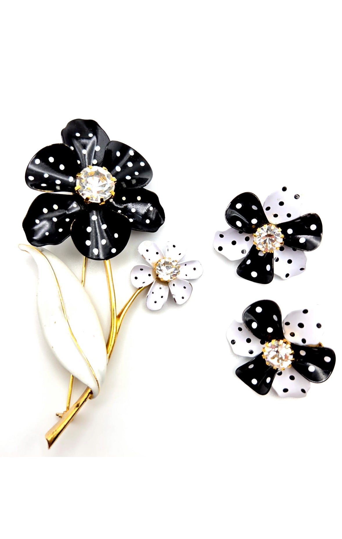 Vintage AVON Retro Black and White Polka Dots Flower Gold Tone Brooch Pin and Earrings Set