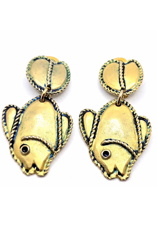 Vintage Large Designer Runway ITALY Signed Fish Dangle Gold Tone Clip on Earrings