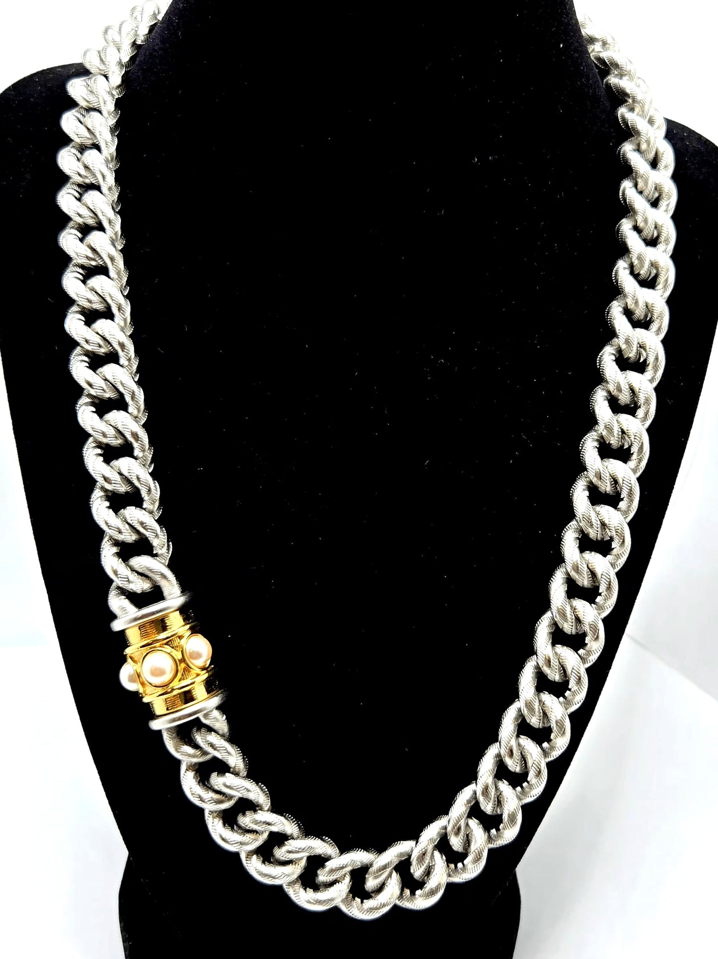 Vintage MONET Brushed Silver tone Faux Pearls Chain Necklace Designer Runway