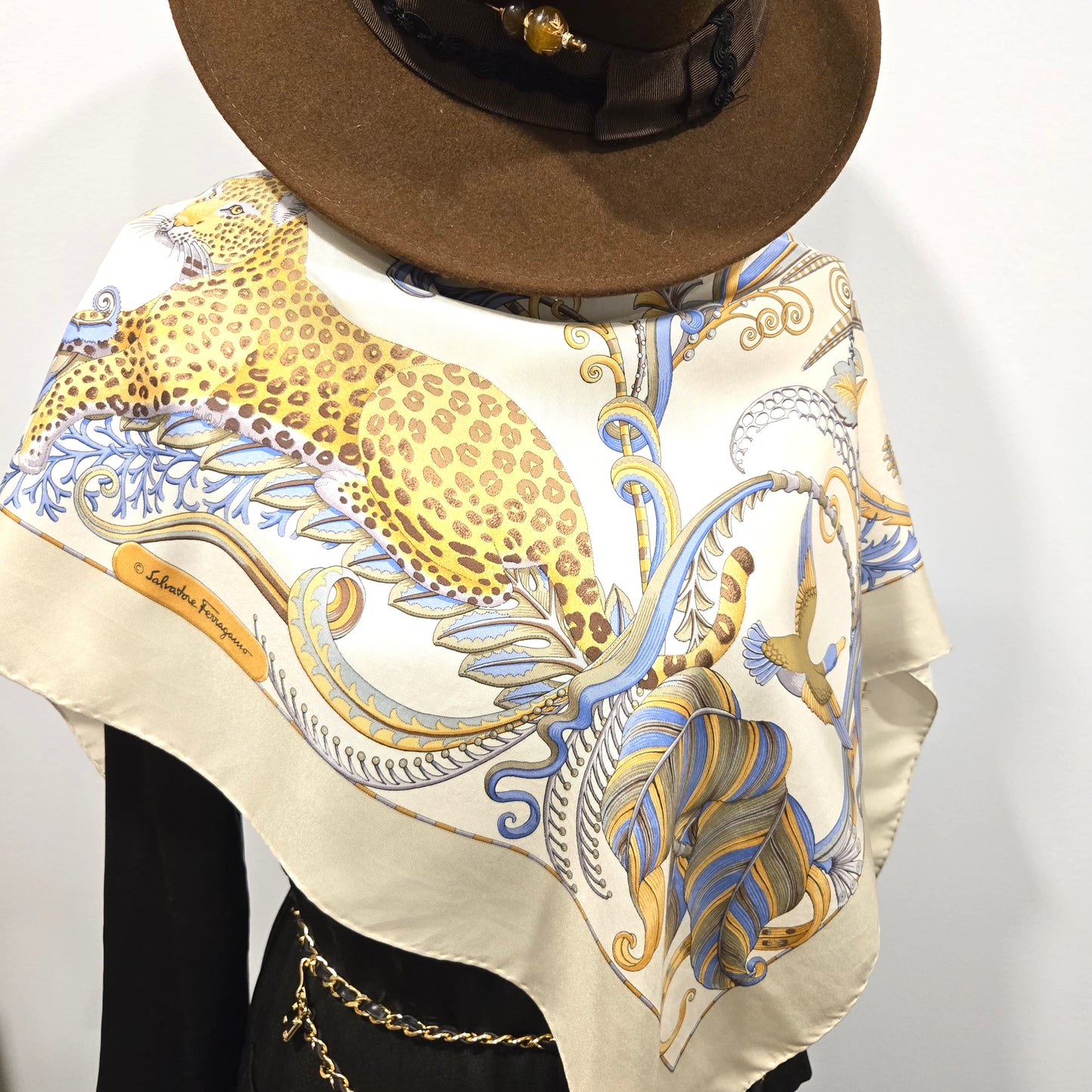 Vintage SALVATORE FERRAGAMO Leopard Botanical Monkeys Birds blue gold brown cream silk scarf 34x35