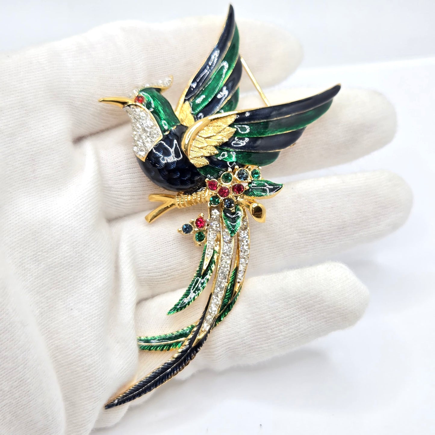 Vintage D'ORLAN BIRD Blue Green Enamel Rhinestones Gold Tone Brooch Pin