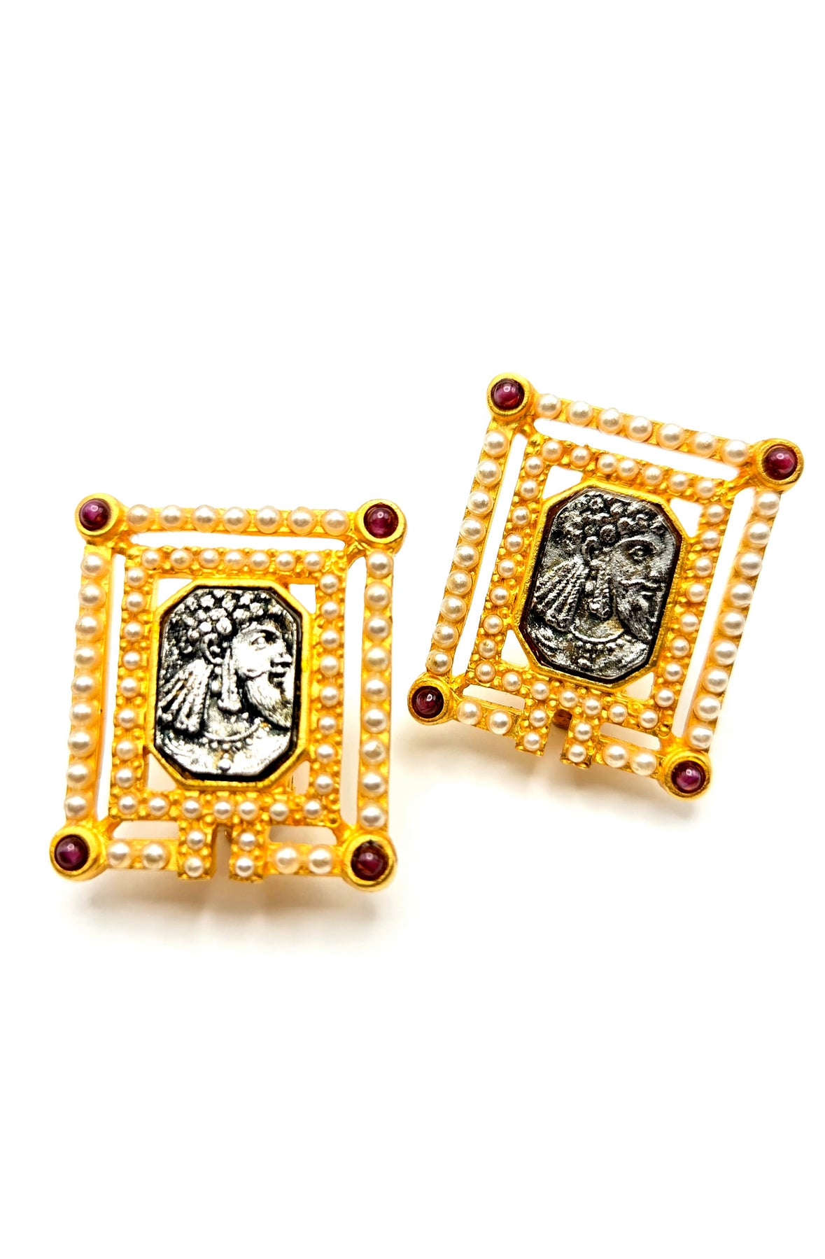 Vintage LINDA LEVINSON Greek Coin Faux Pearls, Red Cabochon, Gold Tone Clip on Earrings