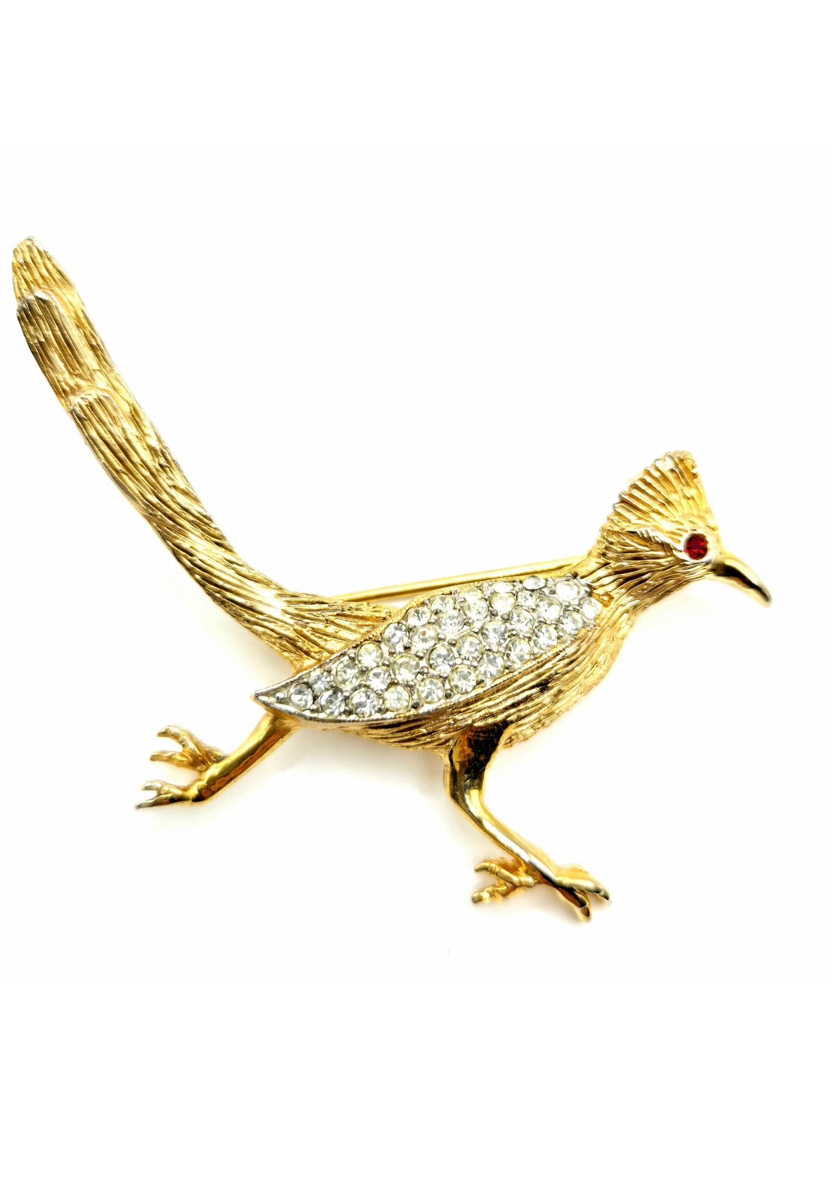 Vintage LES BERNARD Roadrunner gold tone rhinestones Brooch pin