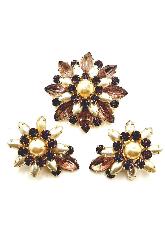 Vintage CORO Gold Tone Flower Star Purple Rhinestones Faux Pearls Pin Brooch and clip on Earring Set