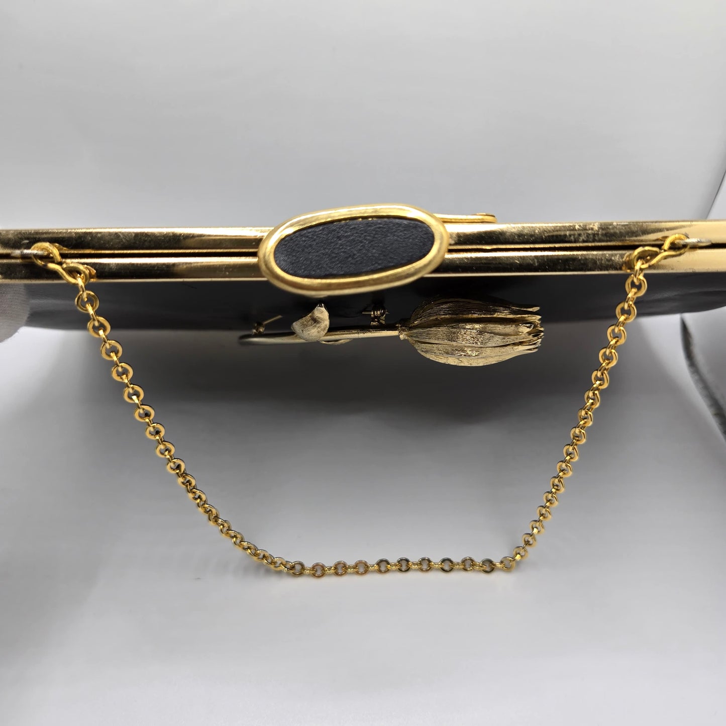 Vintage ETRA navy blue leather clutch bag with tulip bud Brooch pin and gold tone chain