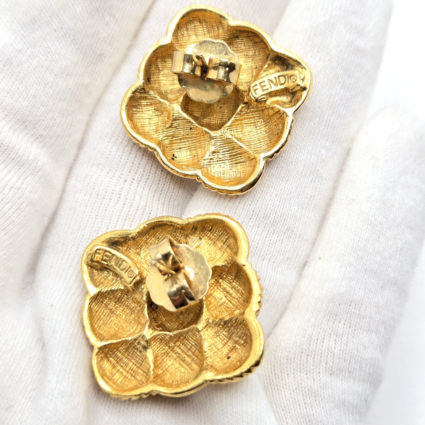 Vintage FENDI Signed FF logo Basket Weave Gold tone square designer runway Earrings