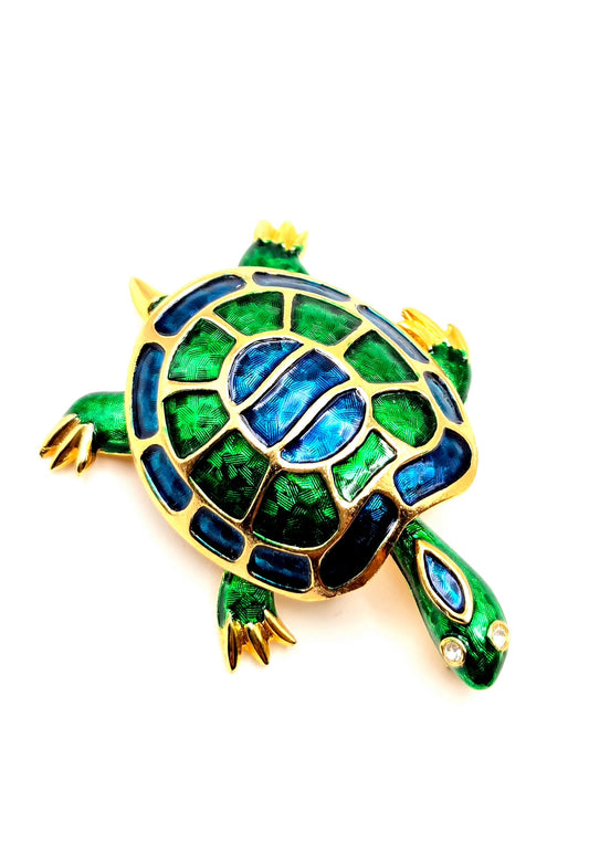Vintage MARCEL BOUCHER Turtle, Blue and Green Enamel, Rhinestones, Gold Tone Brooch