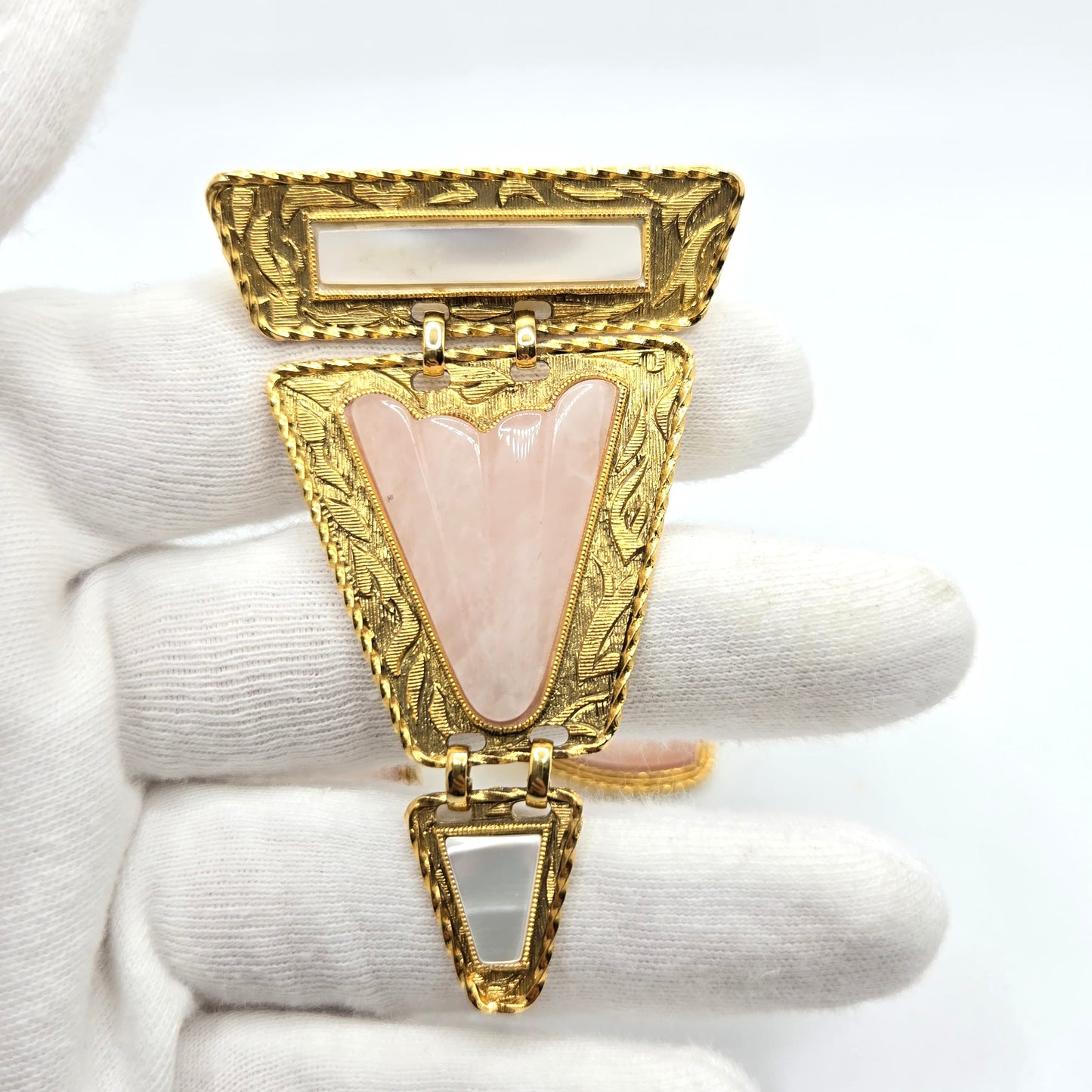 Vintage 1928 Pink Rose Quartz Gold-Tone Brooch Pin with Earrings Set