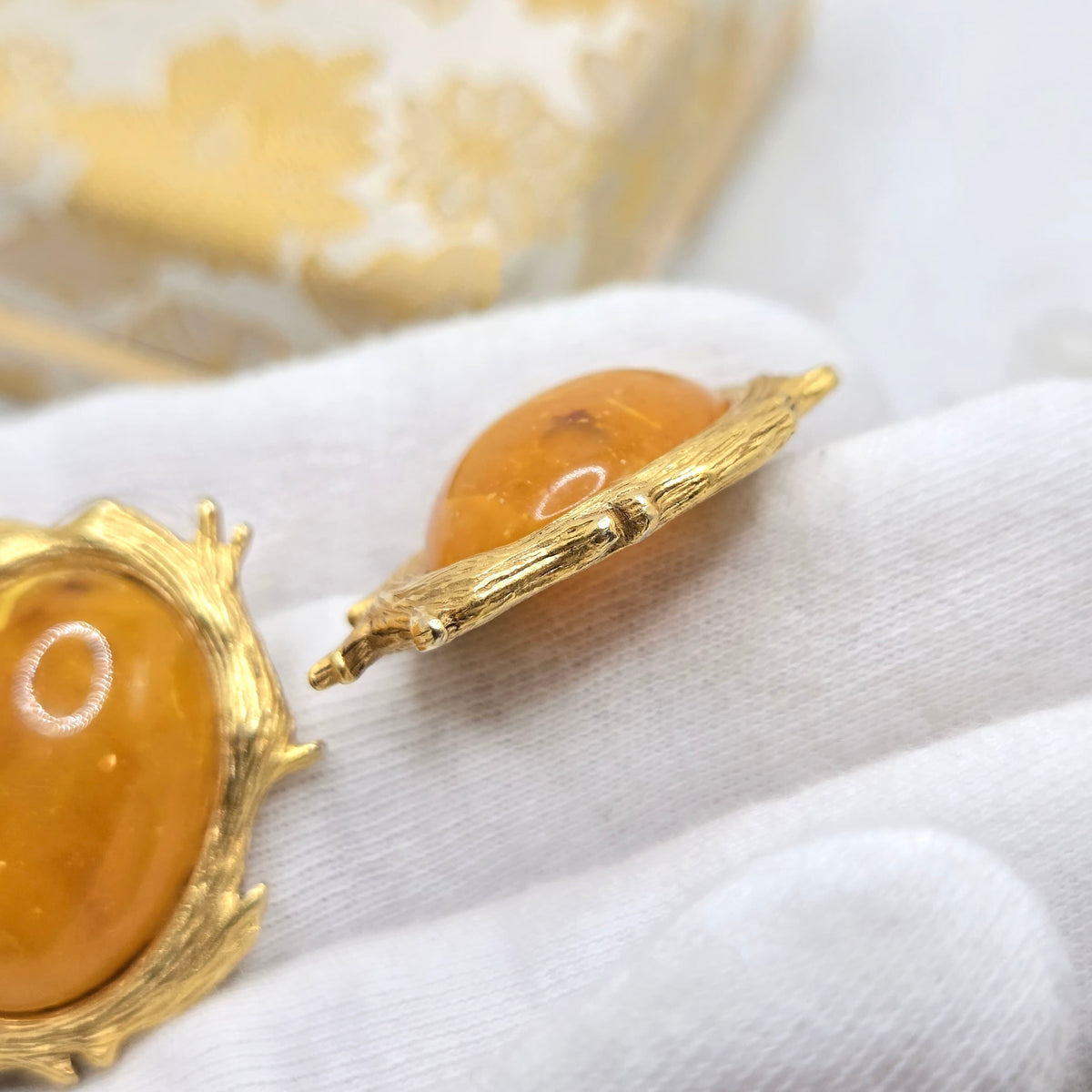 Vintage Designer Runway Amber Lucite Branch Frame Gold Tone Earrings