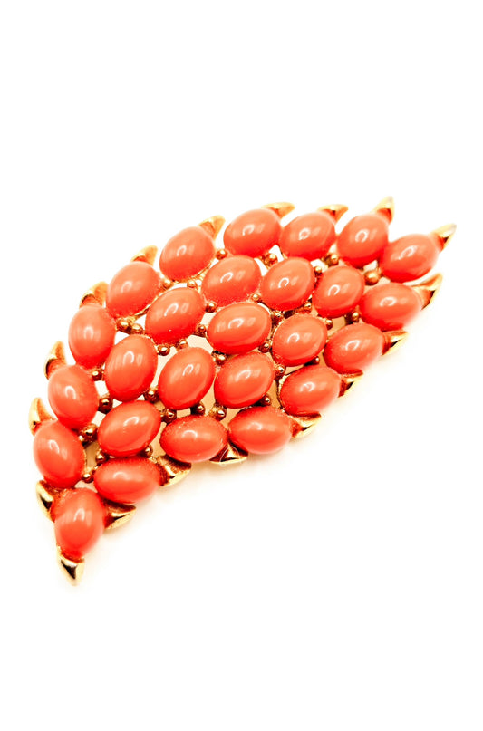 Vintage TRIFARI crown Faux salmon coral leaf gold tone brooch pin