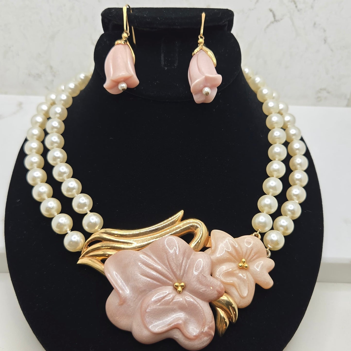 Vintage Designer Runway Pink Lucite Flower Faux Pearls Double Strand Necklace & Earrings Set