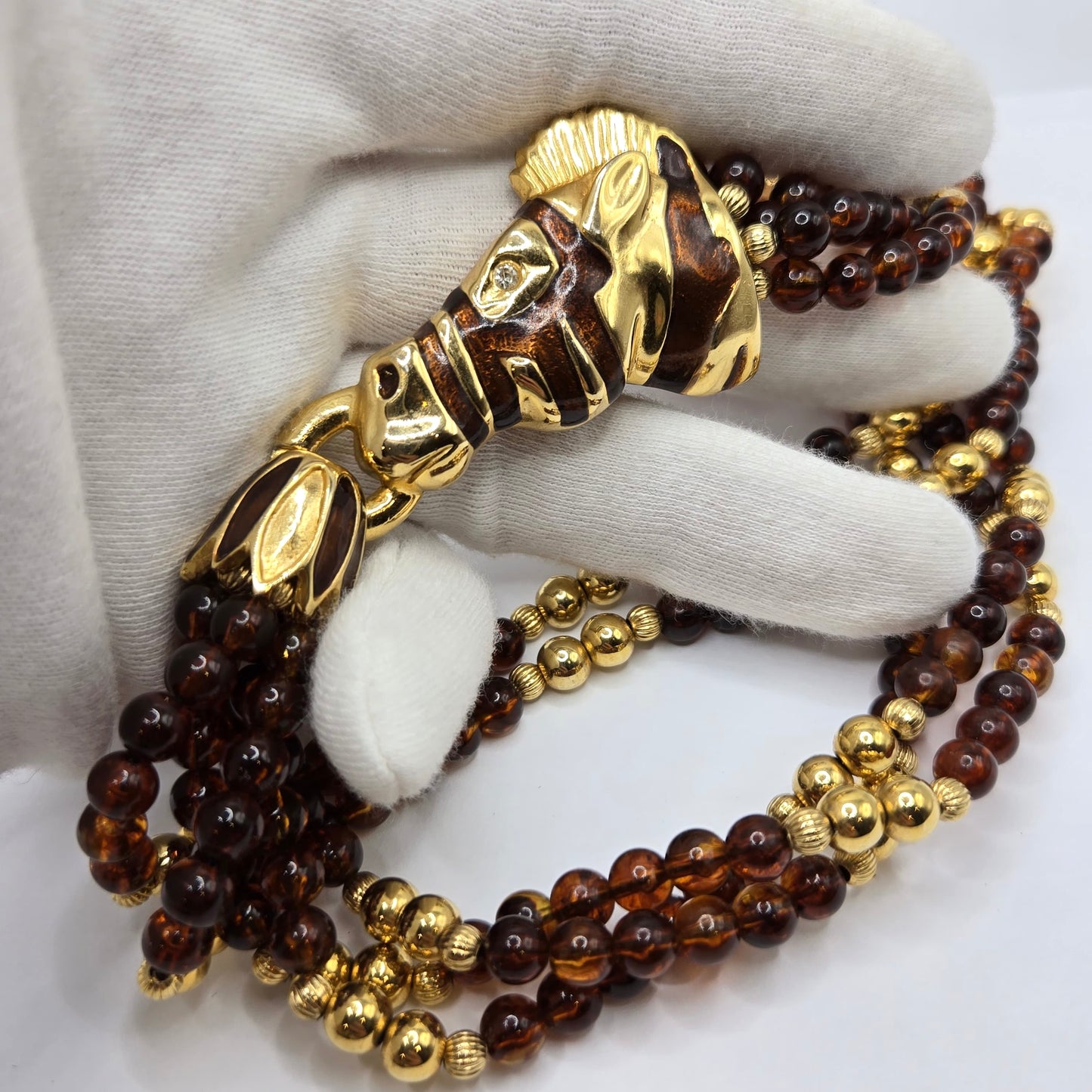 Vintage HORSE HEAD Brown and gold beads Enameled choker necklace