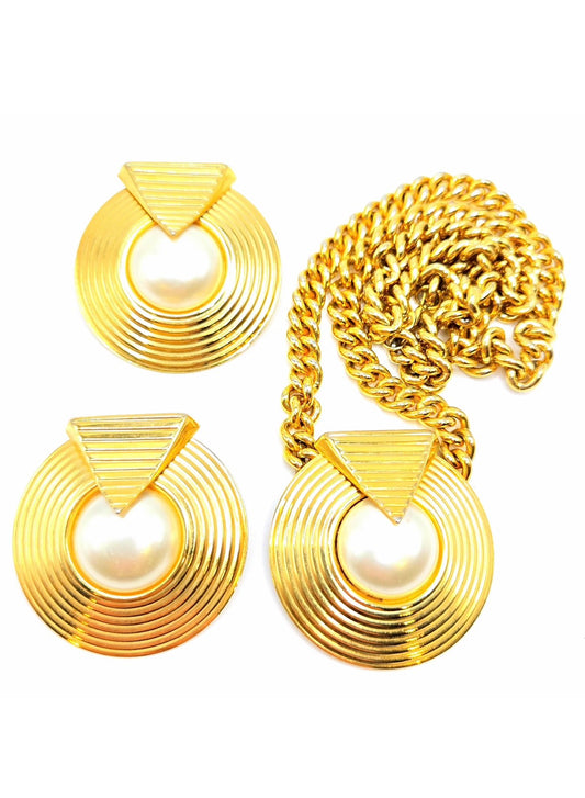 Vintage PARK LANE Cleopatra Faux Pearl gold tone chain necklace and earrings set designer runway