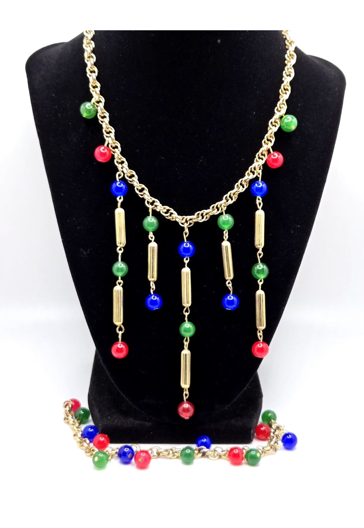 Vintage Statement Necklace and Bracelet Set, Gold Tone Chain with Red, Blue, Green Glass Beads
