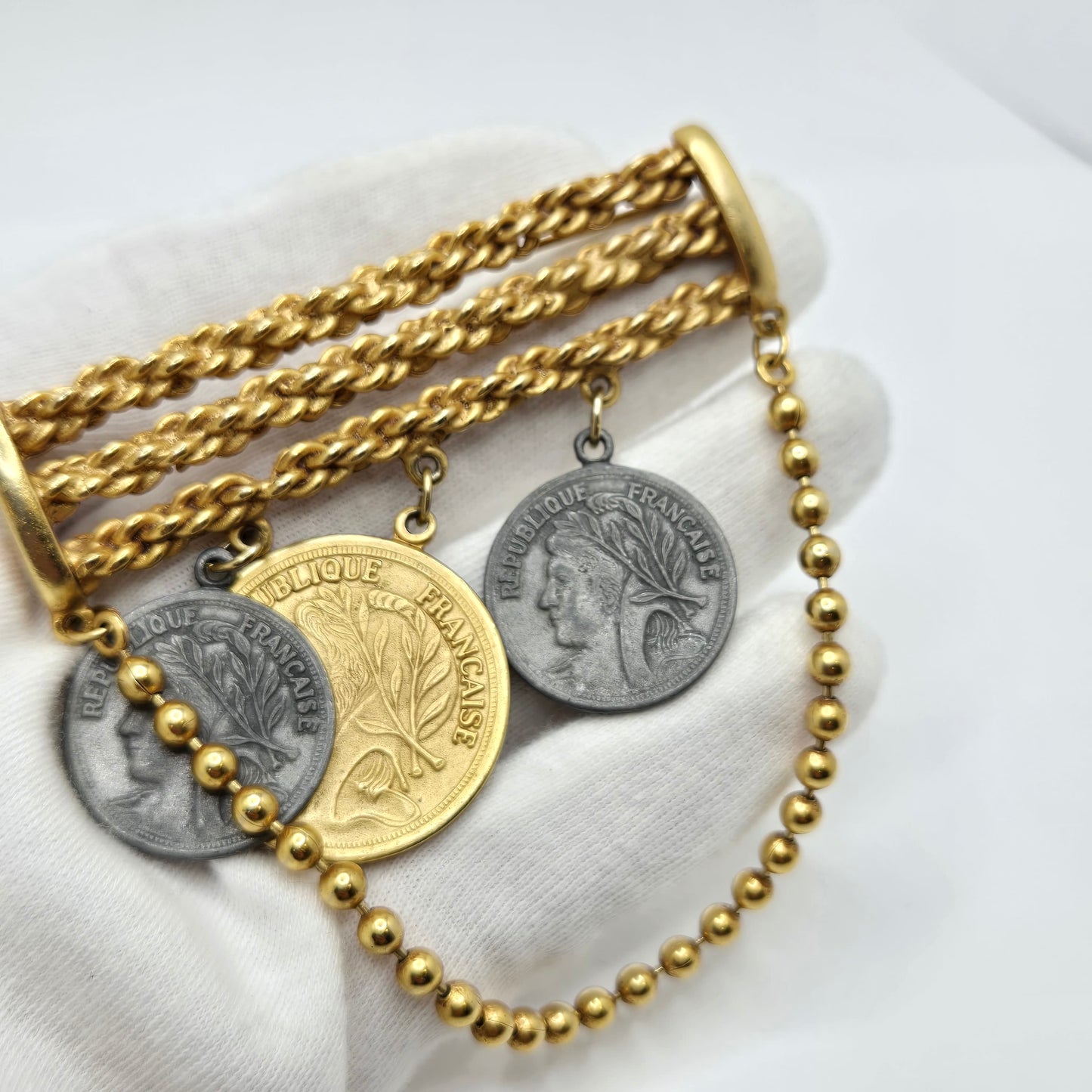 Vintage Republique Francaise Faux Coins Dangle Gold Tone Chain Brooch Pin Designer Runway