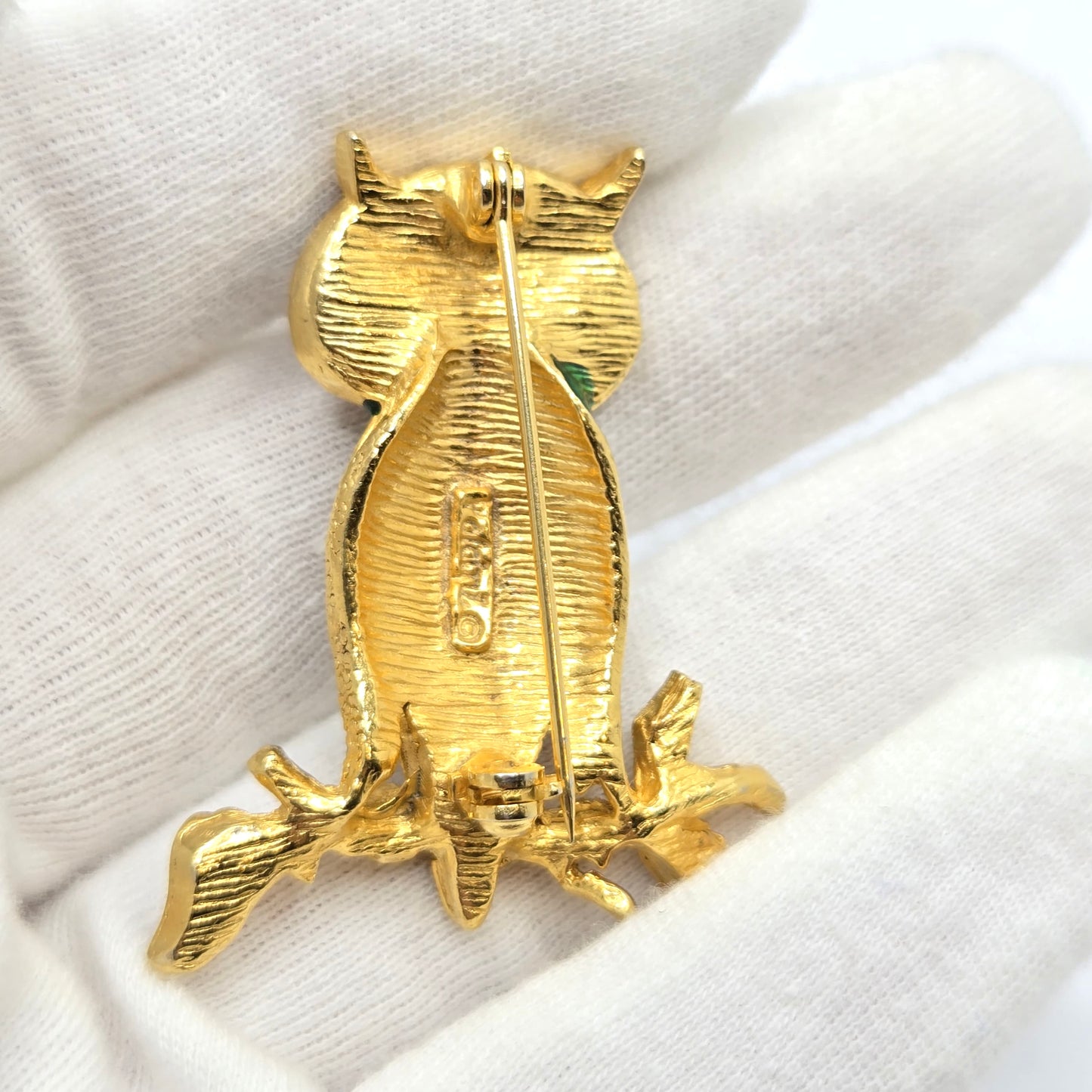 Vintage POLCINI Owl green blue enamel red Cabochon Eyes Brooch Pin