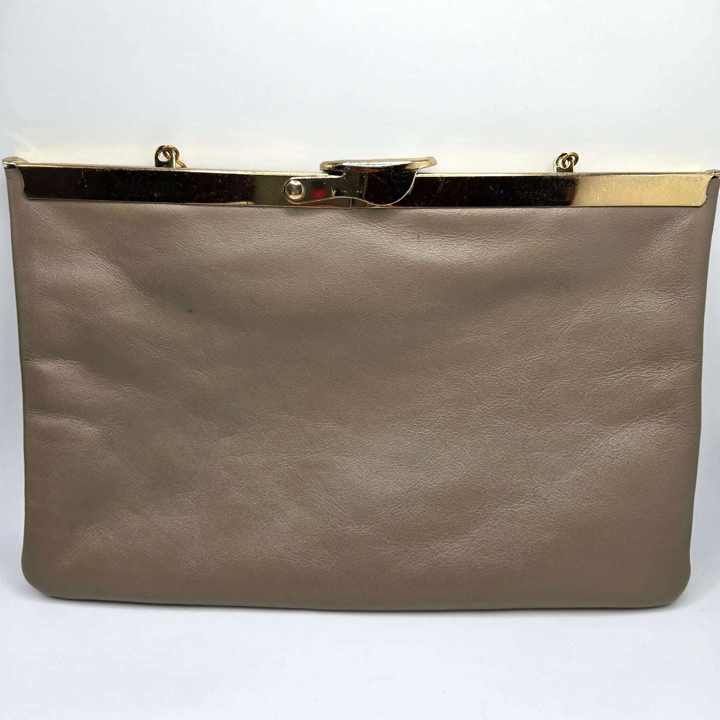Vintage ETRA grey-brown leather clutch bag with antique silver shoulder chain and bee brooch pin