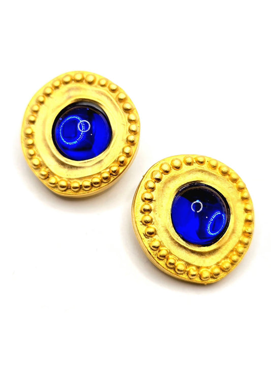 Vintage GENNARO Etruscan Blue Cabochon gold tone Clip on Earrings