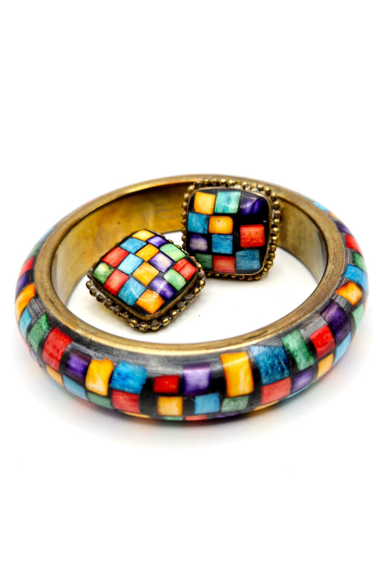 Vintage Multicolored Shell Mosaic, Black, Brass, Chunky Bangle Bracelet and Clip on Earrings Set