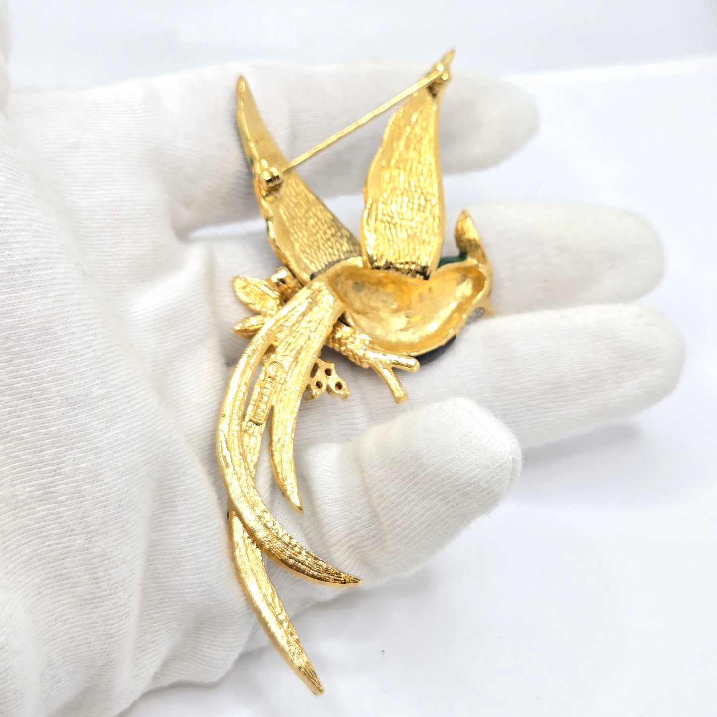 Vintage D'ORLAN BIRD Blue Green Enamel Rhinestones Gold Tone Brooch Pin