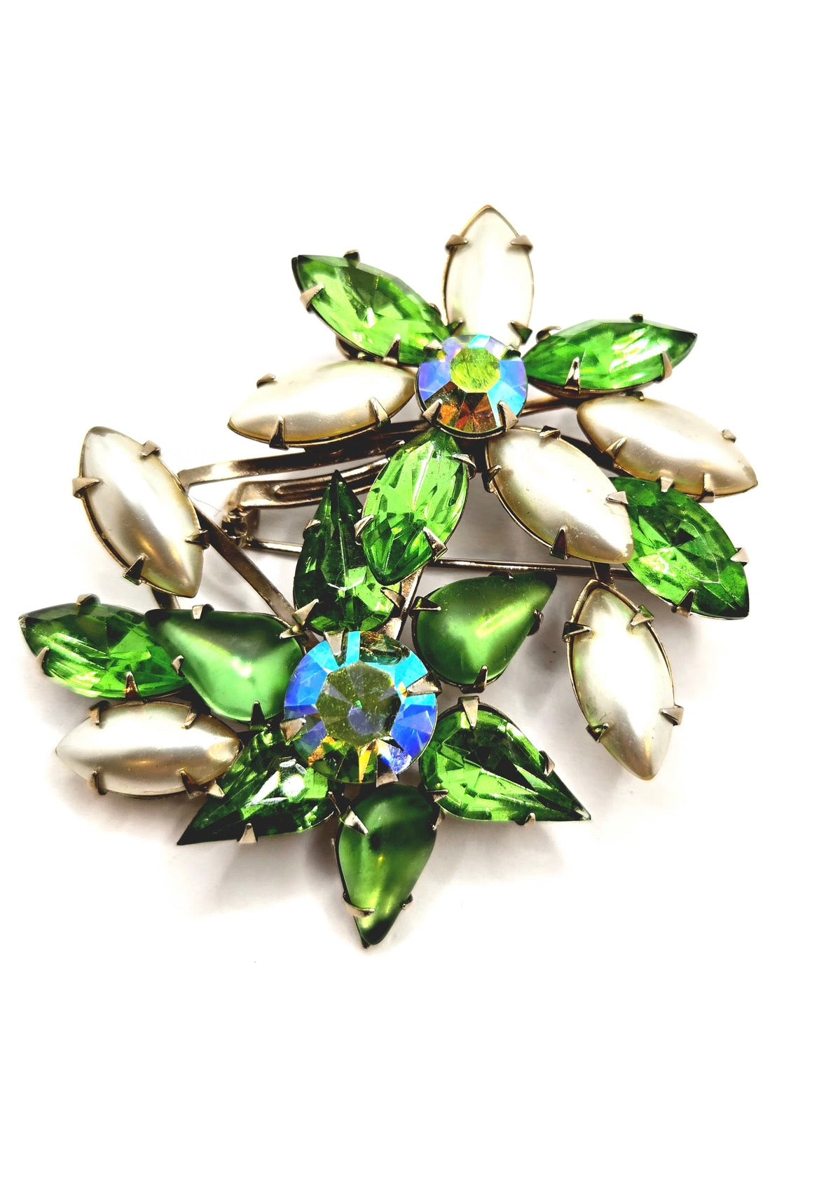 Vintage Designer Green Rhinestones Faux Pearls Light Gold tone Brooch Pin