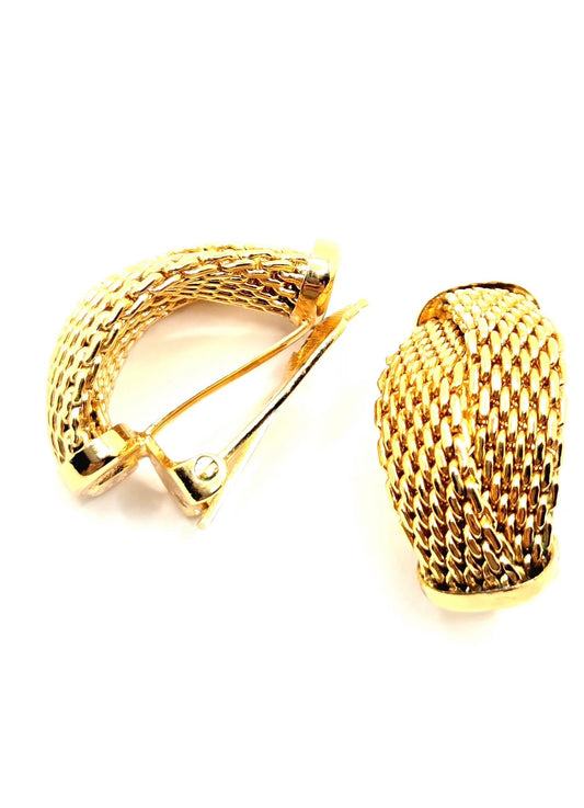 Vintage CHRISTIAN DIOR Germany Mesh Half Hoop Gold Tone Clip-On Earrings