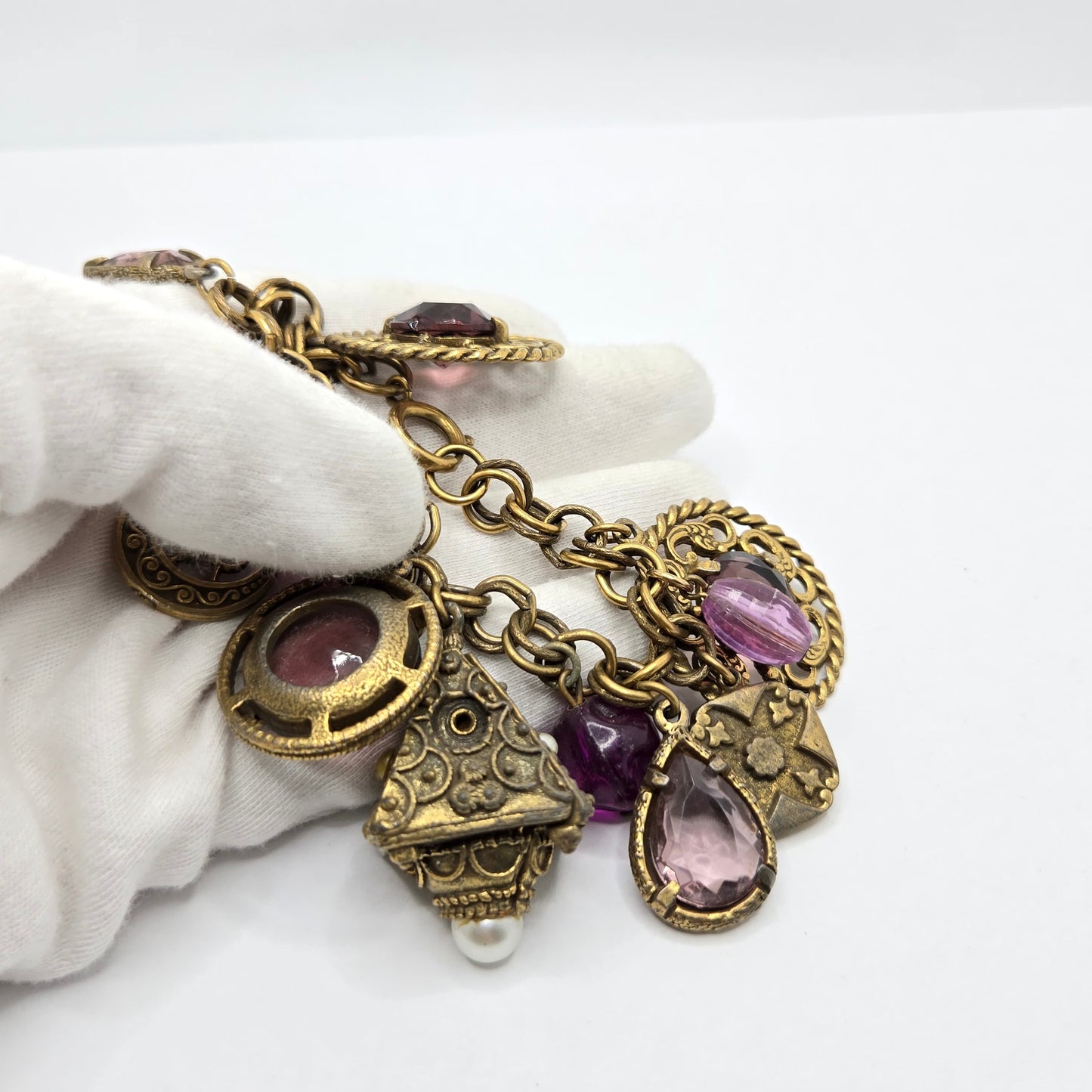 Vtg GERMAN Victorian Revival Crystal purple Charms  Gold Tone Bracelet