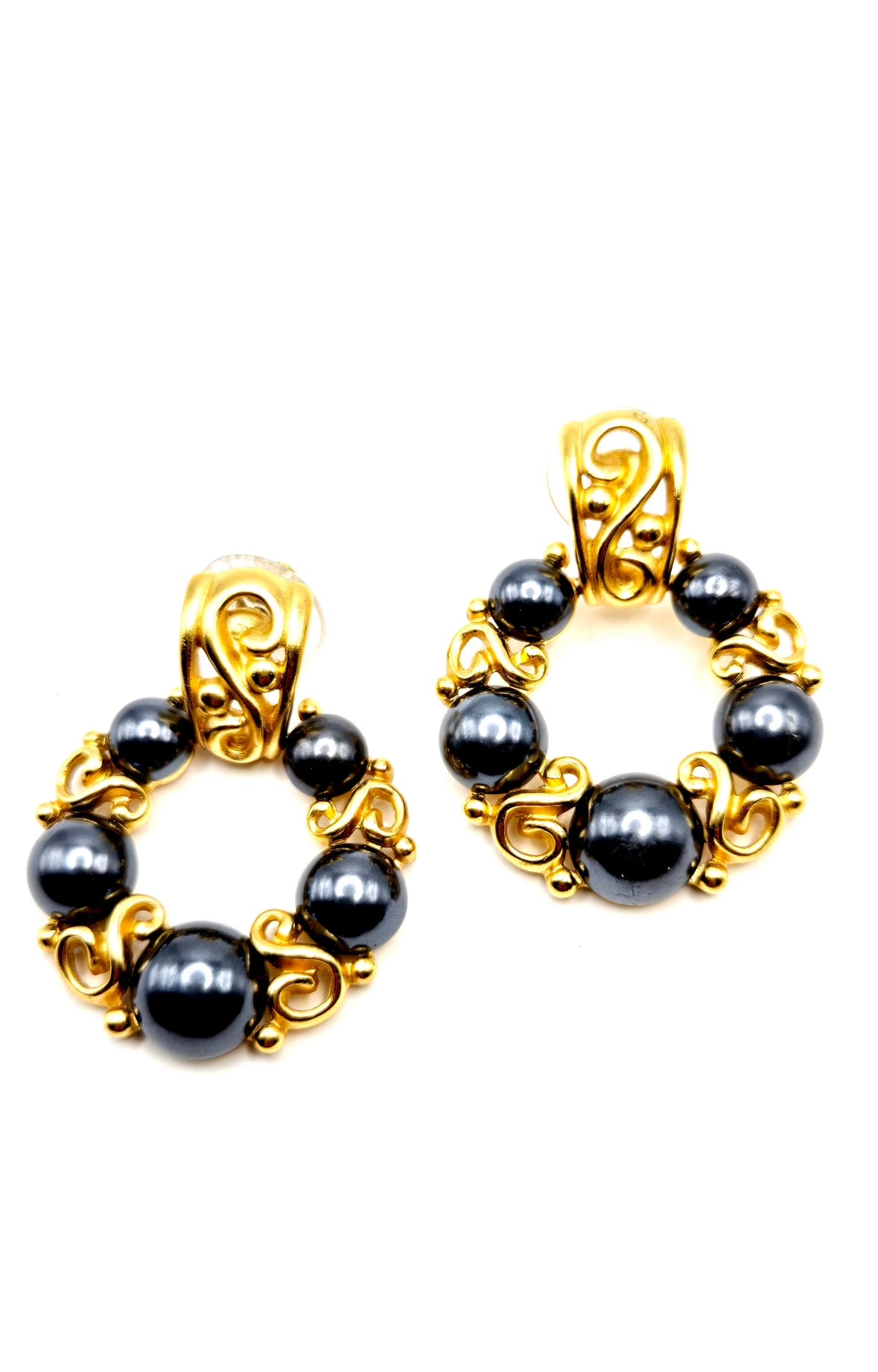 Vintage MONET Door Knocker, Faux Black Pearls, Gold Tone Pierced Earrings