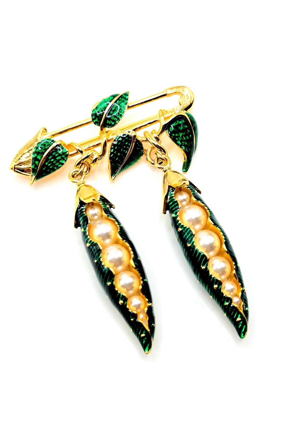 Vintage EDGAR BEREBI Pea Pods green enamel Faux Pearls dangle Pin Brooch