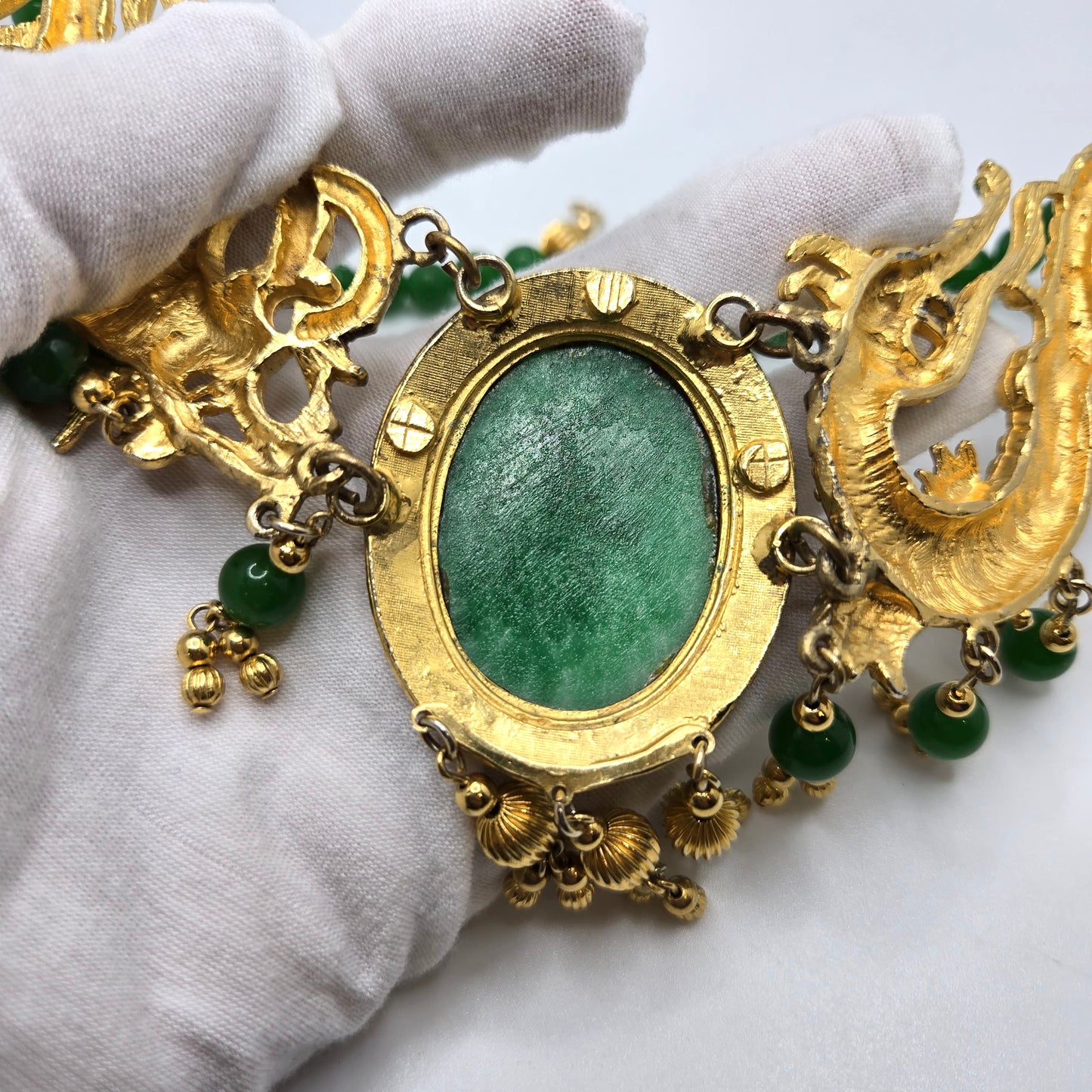 Vintage Designer Runway Statement Necklace with Massive Dragon Motif, Gold-Tone Metal and Faux Green Jade Beads