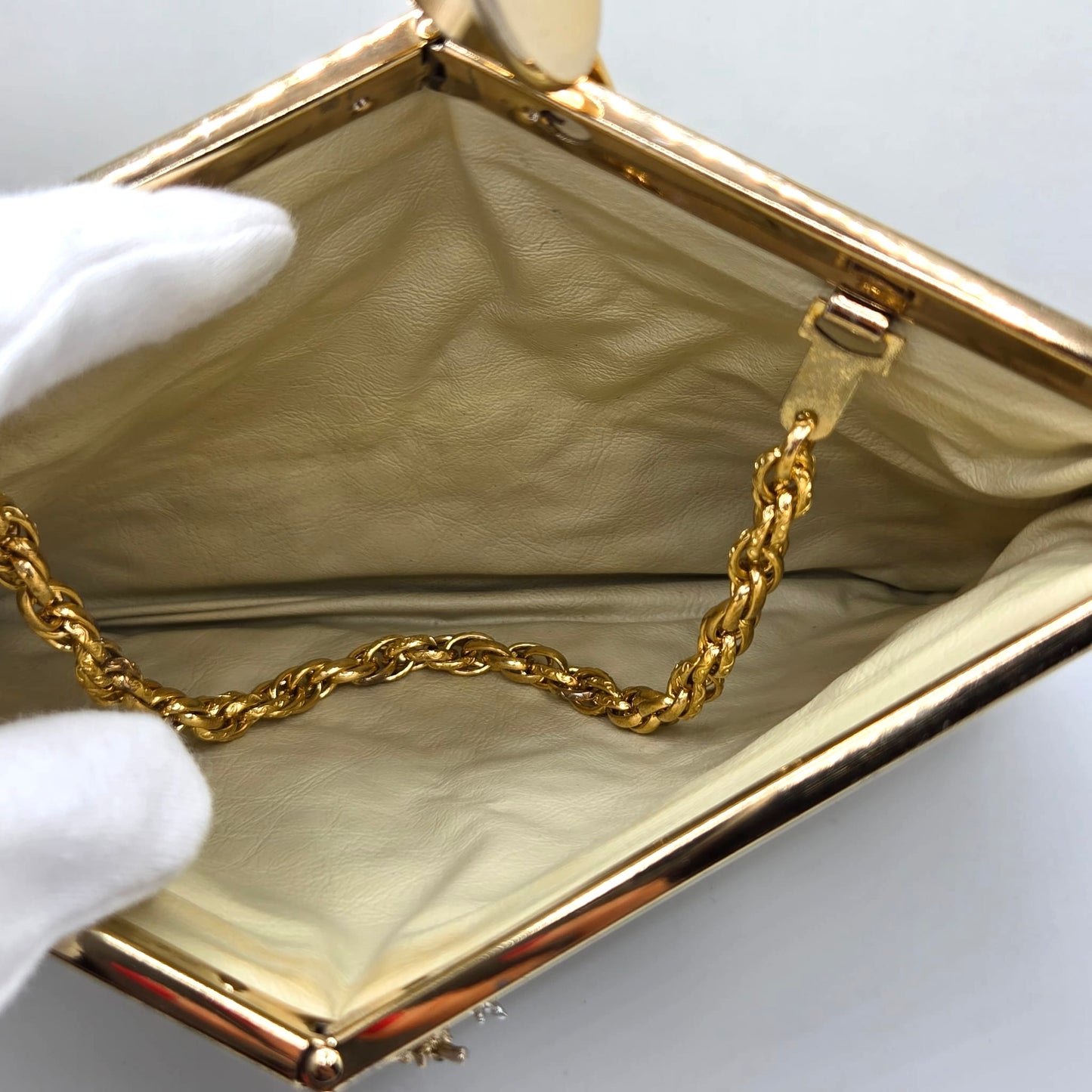 Vintage cream leather clutch bag with MONET Fly Bug Brooch pin and gold tone chain