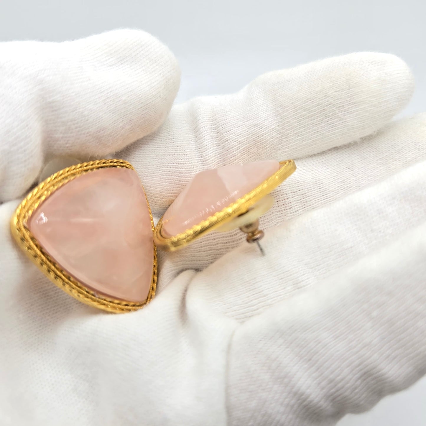 Vintage 1928 Pink Rose Quartz Gold-Tone Brooch Pin with Earrings Set