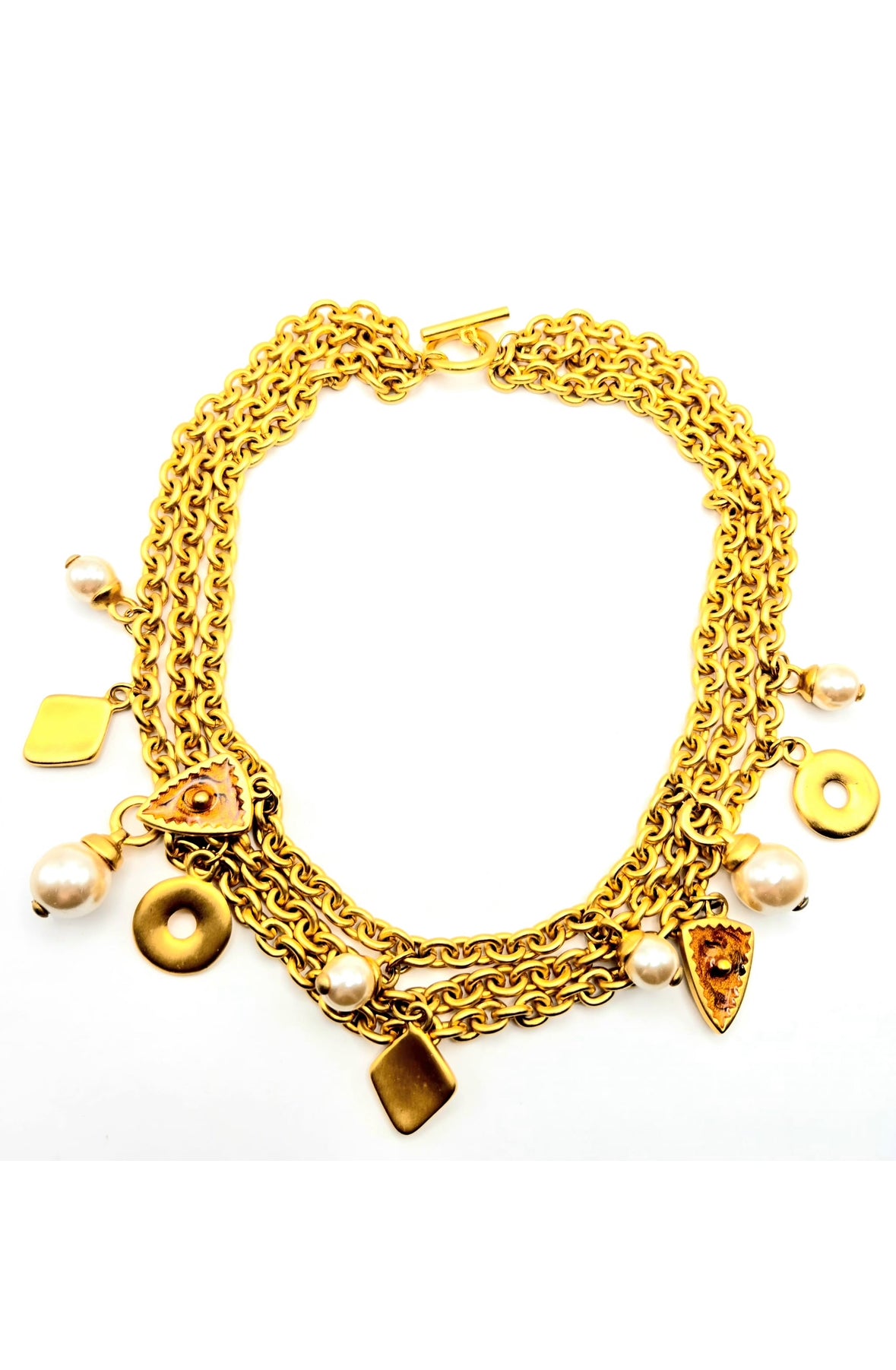 Vintage Etruscan Style Chain Charms Faux Pearls Enamel Gold Tone Necklace