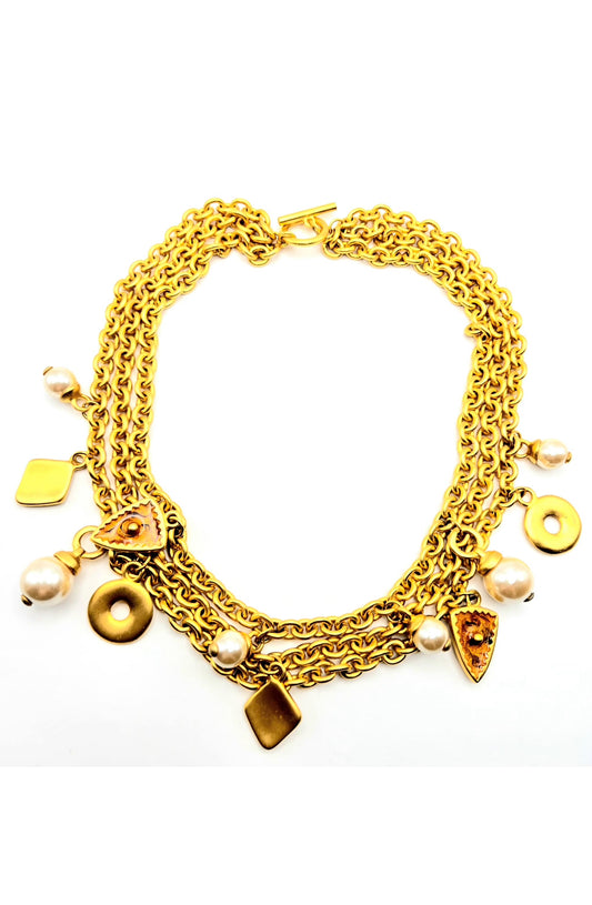 Vintage Etruscan Style Chain Charms Faux Pearls Enamel Gold Tone Necklace
